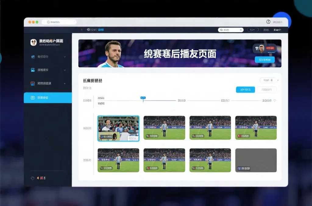 比赛结束后，电视屏幕展示集锦回放页面，旁边有时间轴和多角度切换提示
